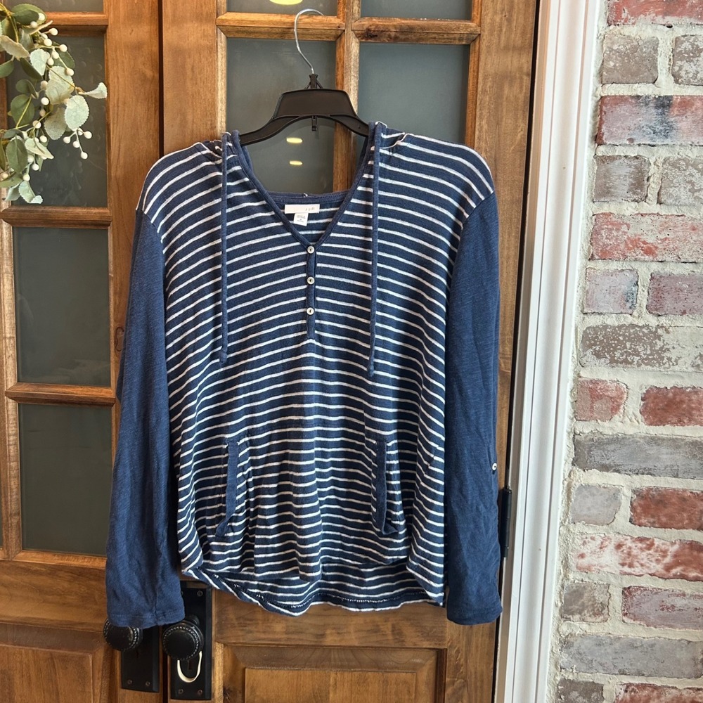 J Jill Hoodie Med Petite Navy Blue Striped Linen Blend Pullover Preppy Casual